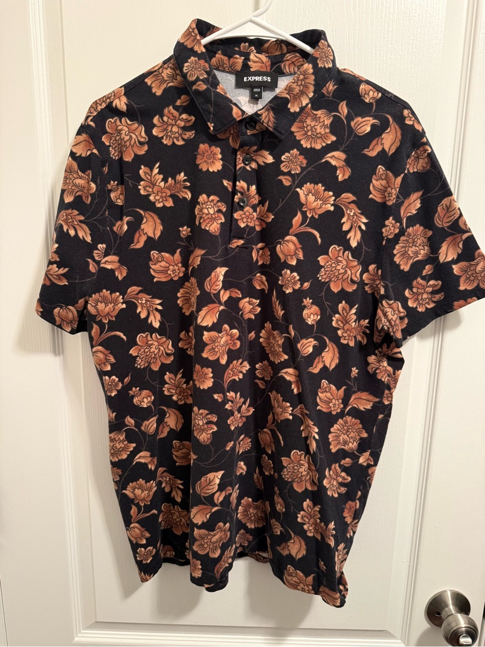 Express Men's Black Polo Shirt with Brown Floral Print in Size XL